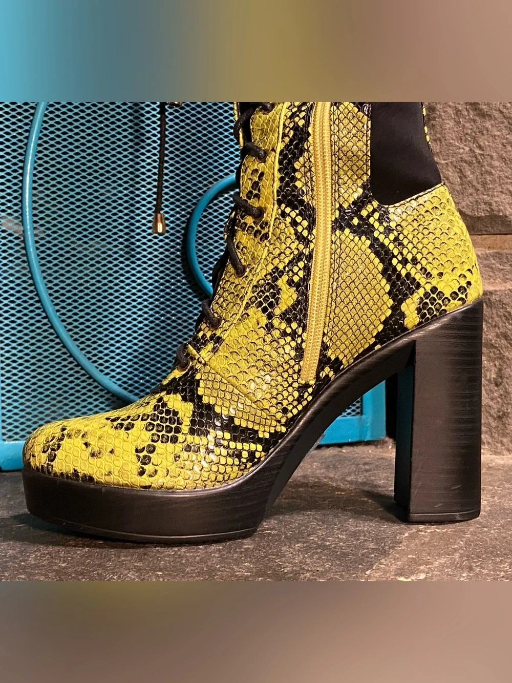 KILLSTAR Gothic Punk tall lace up boots,black/neon green snakeskin platform heel